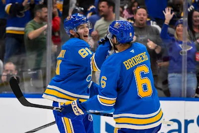 Dylan Holloway & Philip Broberg celebrate a goal for the St Louis Blues