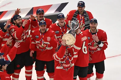 Team Canada captain Sidney Crosby celebrates 4 Nations tournament win with teammates in 2025.