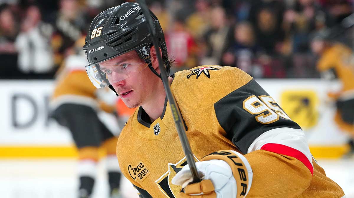 Vegas Golden Knights right wing Victor Olofsson (95) warms up before game two of the second round of the 2025 Stanley Cup Playoffs against the Edmonton Oilers at T-Mobile Arena.