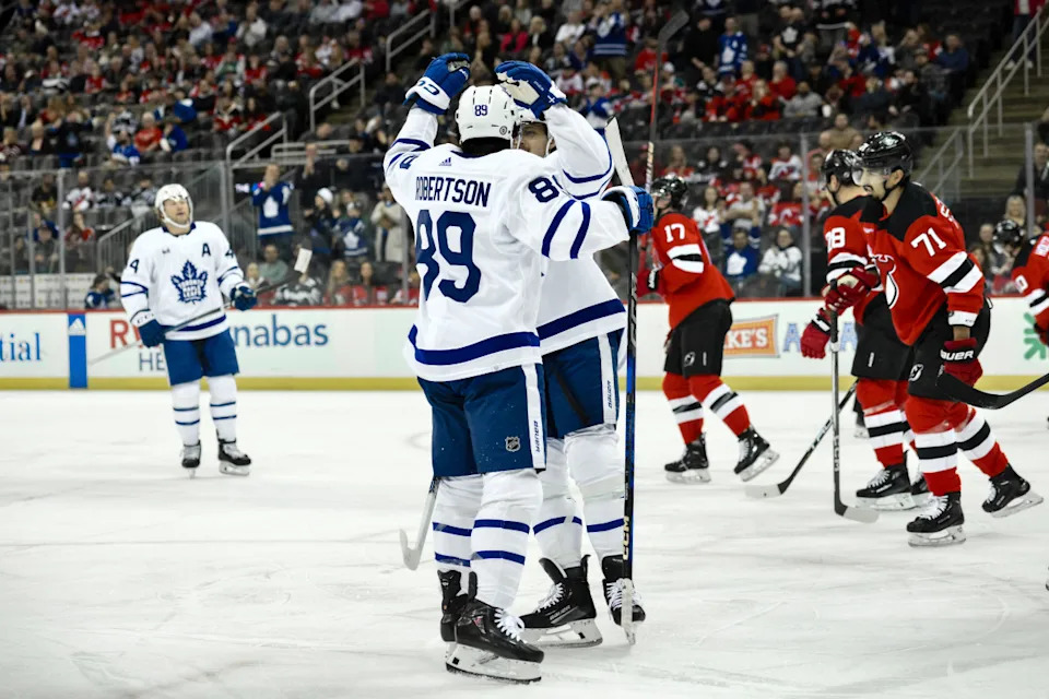 Toronto Maple Leafs left wing Nick Robertson (89) reacts after scoring a goal.John Jones-USA TODAY Sports