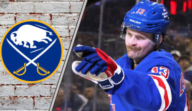 Alexis Lafrenière skates in his New York Rangers jersey amidst swirling NHL trade rumors linking him to the Buffalo Sabres.