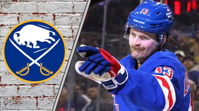 Alexis Lafrenière skates in his New York Rangers jersey amidst swirling NHL trade rumors linking him to the Buffalo Sabres.