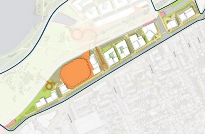 Plans for a major events centre, marked in orange, at Ottawa's LeBreton Flats were detailed in the National Capital Commission's master plan for the area.