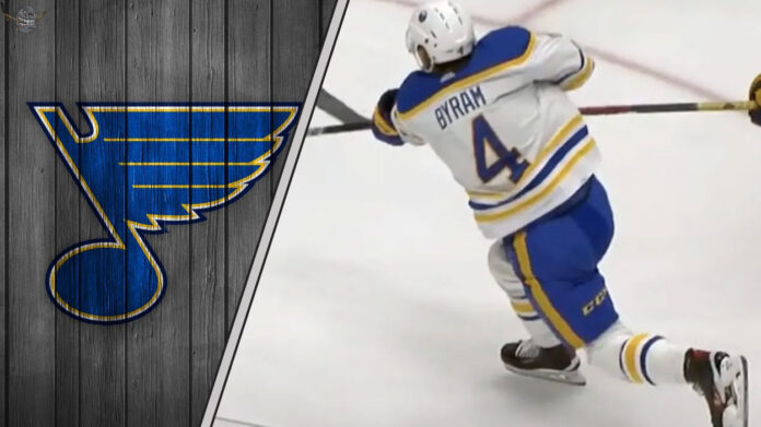 Buffalo Sabres defenseman Bowen Byram takes a shot on goal, amidst ongoing St. Louis Blues rumors
