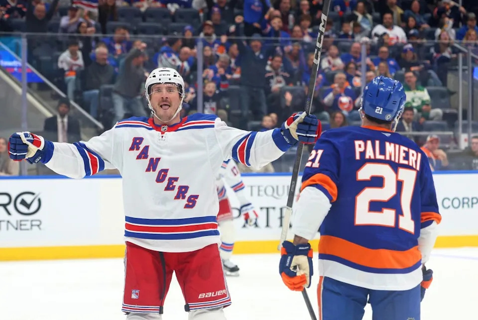 J.T. Miller #8 of the New York Rangers reacts after he scores a goal against the Islanders. Robert Sabo for NY Post