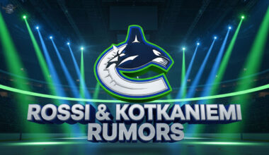 Vancouver Canucks logo with "Rossi & Kotkaniemi Rumors" 3D text over a hockey rink