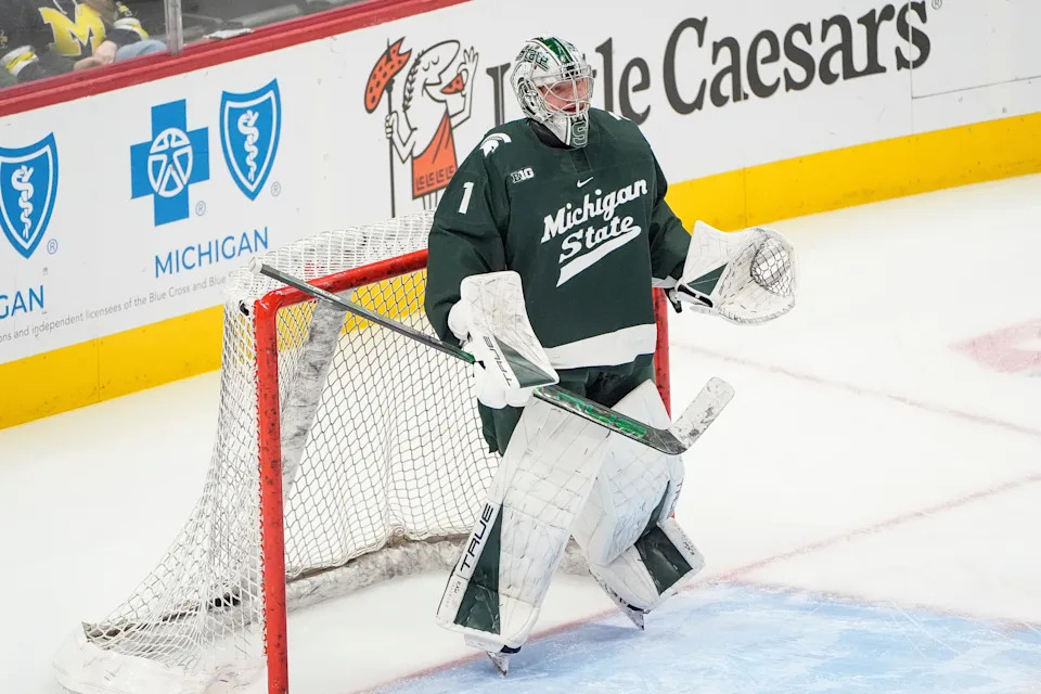 Michigan State goaltender Trey Augustine (1) warms up before Duel in the D between Michigan and Michigan State at Little Caesars Arena in Detroit on Saturday, Feb. 8, 2025.