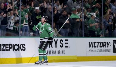 Dallas Stars center Matt Duchene skates toward the punch after scoring in the second period of an NHL hockey game against the Minnesota Wild in Dallas, Monday, March 24, 2025. (AP Photo/Gareth Patterson)