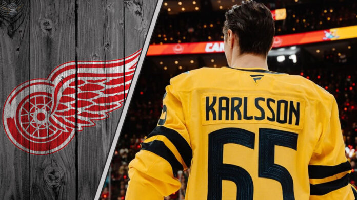 Pittsburgh Penguins forward Erik Karlsson standing on the ice with the Detroit Red Wings logo to the left as NHL trade rumors swirl around him