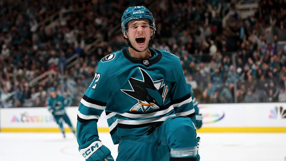 <div>SAN JOSE, CALIFORNIA - JANUARY 11: William Eklund #72 of the San Jose Sharks reacts after he scored against the Minnesota Wild in the second period at SAP Center on January 11, 2025 in San Jose, California. (Photo by Ezra Shaw/Getty Images)</div>