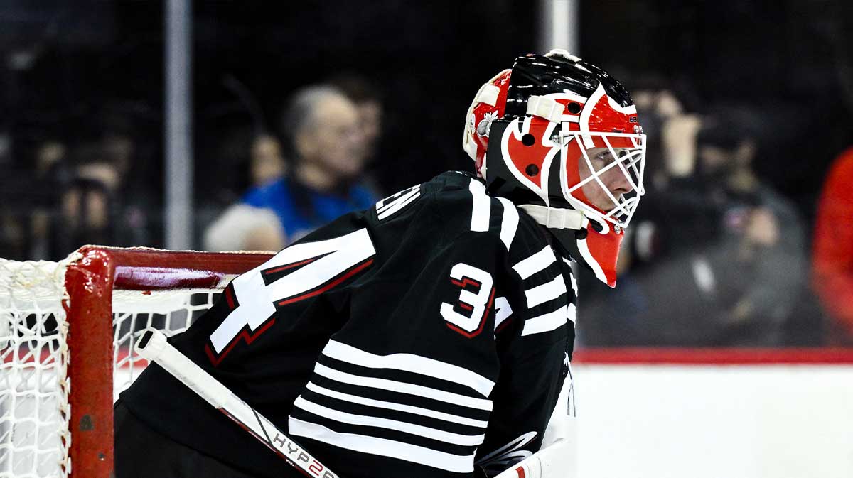 ; New Jersey Devils goaltender Jake Allen (34) tends the net during the first period against the Pittsburgh Penguins at Prudential Center.