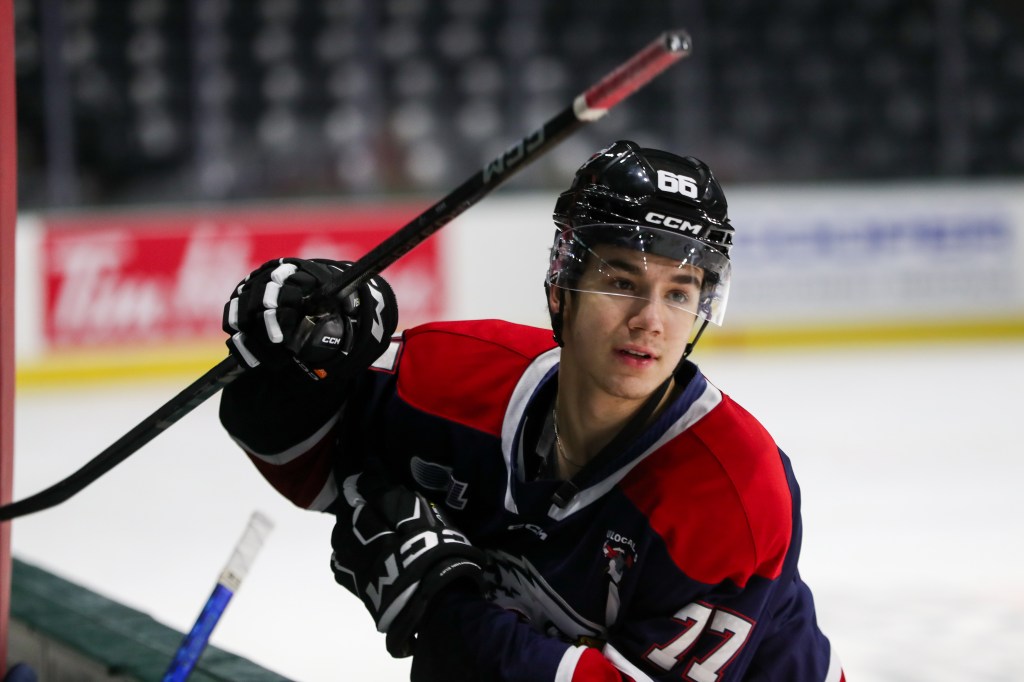 orward Michael Misa #77 of the Saginaw Spirit during the morning skate prior to the CHL USA Prospects Challenge