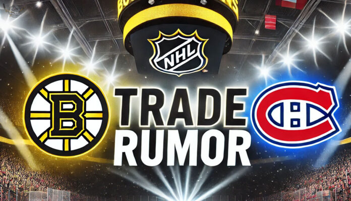 Image showing the Boston Bruins logo on the left and the Montreal Canadiens logo on the right, with bold text reading “TRADE RUMOR” in a blend of both teams’ colors
