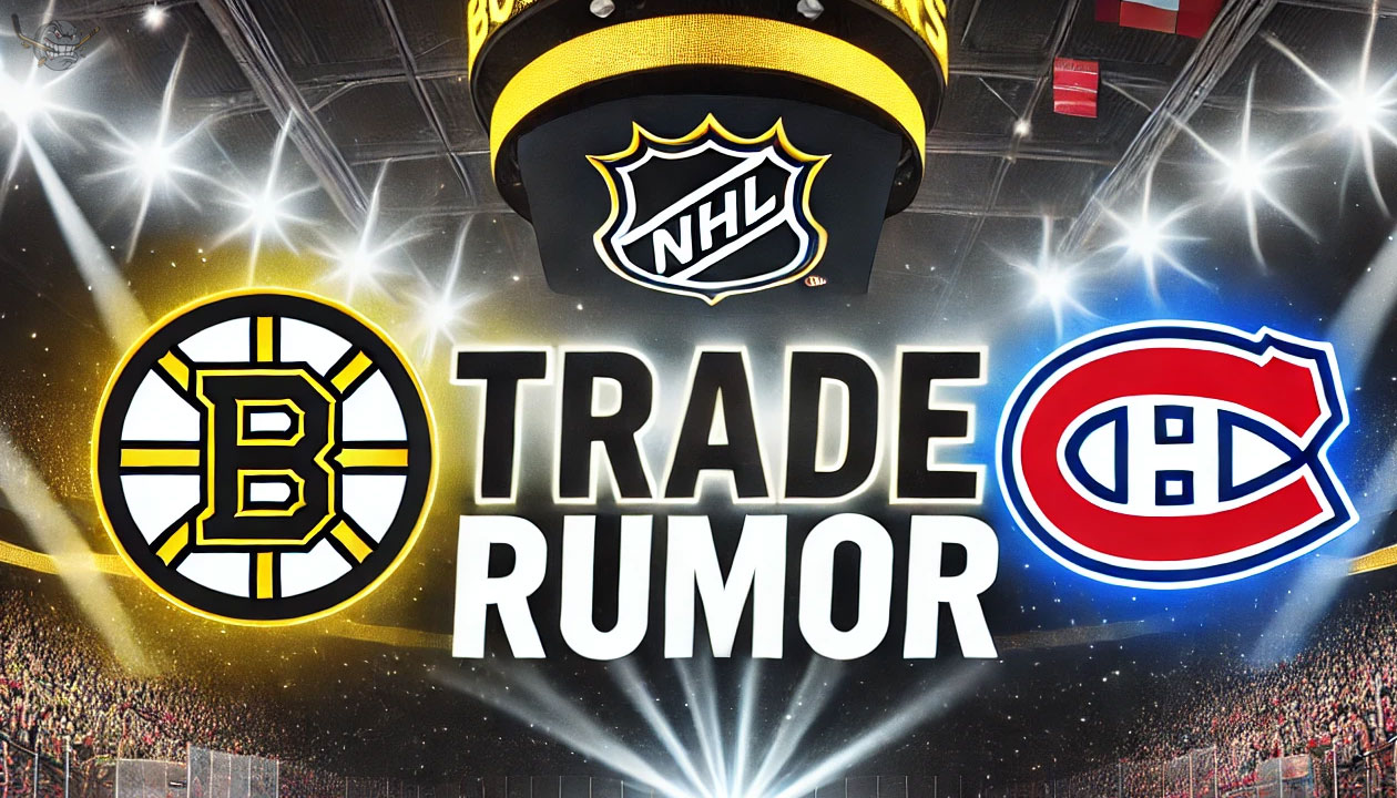 Image showing the Boston Bruins logo on the left and the Montreal Canadiens logo on the right, with bold text reading “TRADE RUMOR” in a blend of both teams’ colors