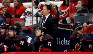 Carolina Hurricanes coach Rod Brind'Amour watches from the bench during Game 3 of an NHL hockey semifinal round playoff series against the Washington Capitals in Raleigh, N.C., Saturday, May 10, 2025. (AP Photo/Karl DeBlaker)