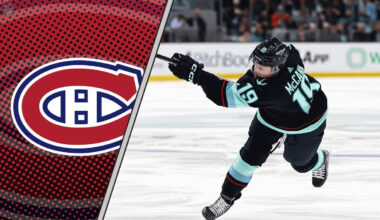 Jared McCann in his Seattle Kraken jersey, taking a shot on goal, with a Montreal Canadiens logo to the left signifying NHL trade rumors