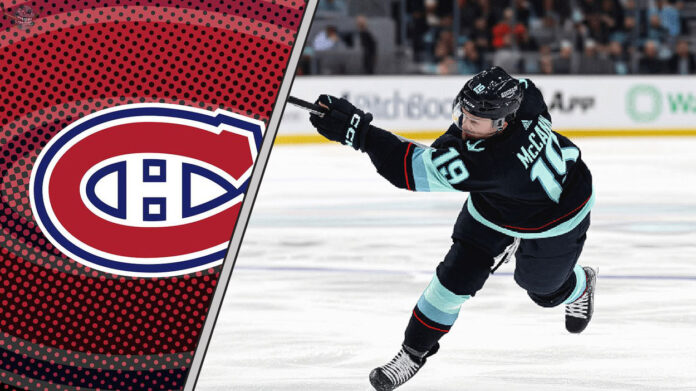 Jared McCann in his Seattle Kraken jersey, taking a shot on goal, with a Montreal Canadiens logo to the left signifying NHL trade rumors