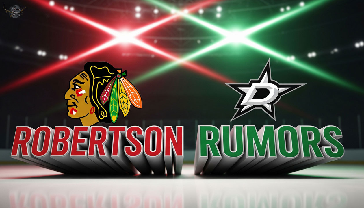 A widescreen image featuring the bold, modern logos of the Chicago Blackhawks and Dallas Stars. Below the logos, the words "Robertson Rumors" are displayed in a large, 3D font.