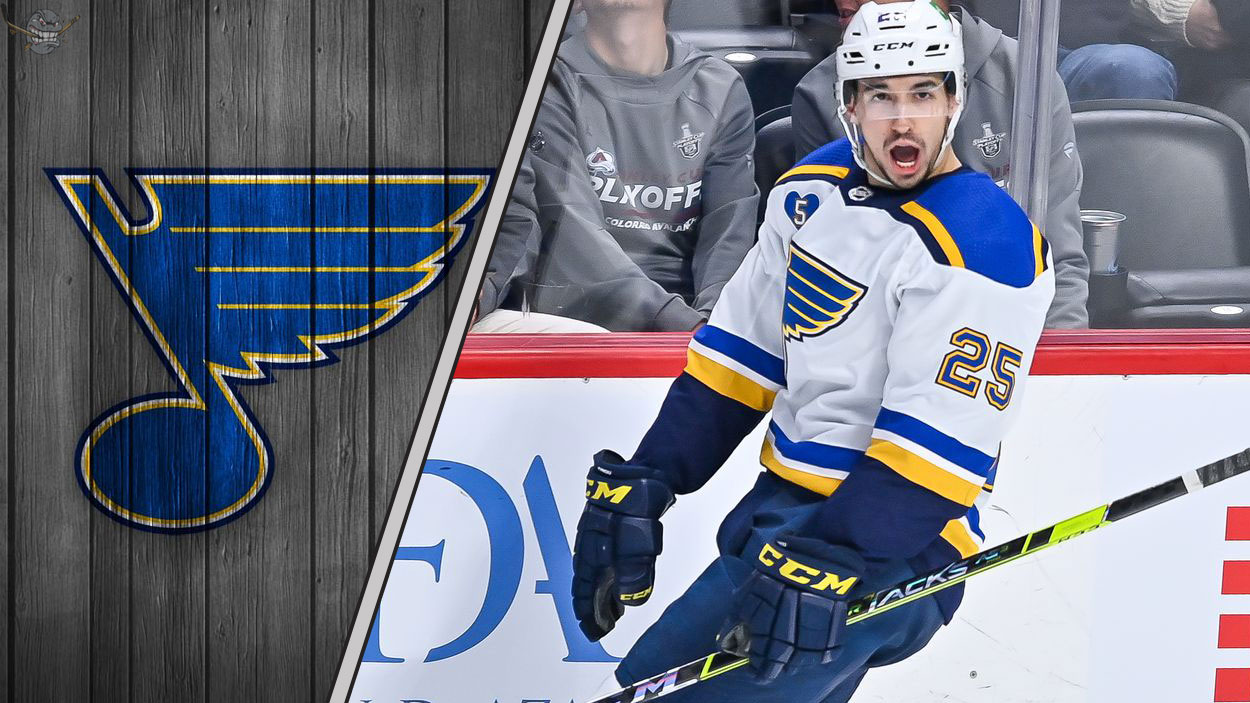 St. Louis Blues forward Jordan Kyrou skates with the puck during an NHL game, amidst ongoing offseason NHL trade rumors.