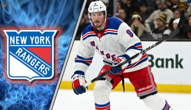 JT Miller skating with the New York Rangers logo in the background