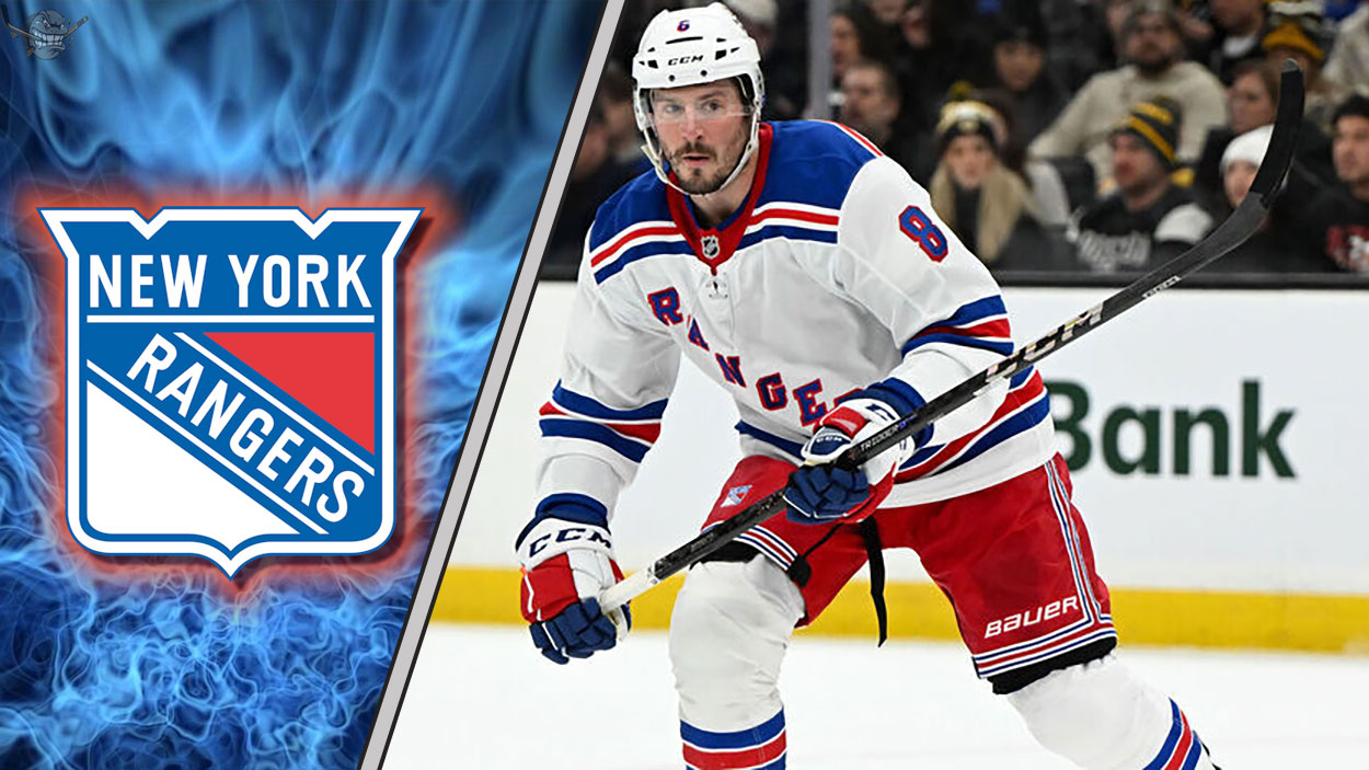 JT Miller skating with the New York Rangers logo in the background
