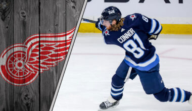 Winnipeg Jets forward Kyle Connor skates during an NHL game, fueling NHL trade rumors about his next contract and a potential move to the Detroit Red Wings.