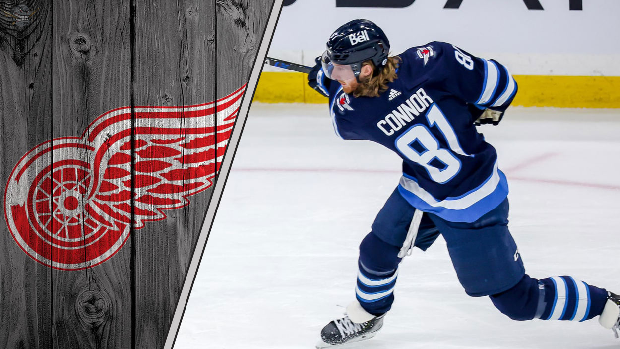 Winnipeg Jets forward Kyle Connor skates during an NHL game, fueling NHL trade rumors about his next contract and a potential move to the Detroit Red Wings.