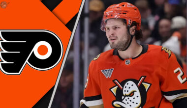 Mason McTavish in an Anaheim Ducks jersey skating with the Philadelphia Flyers logo to the left