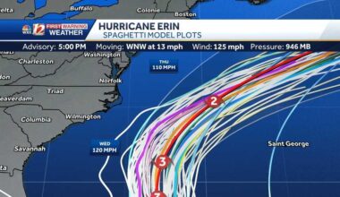 Big waves from Hurricane Erin in North Carolina: track and maps
