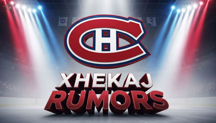 A stylized Montreal Canadiens logo with the words "Xhekaj Rumors" in 3D text below it, set against a dramatic hockey arena with spotlights.