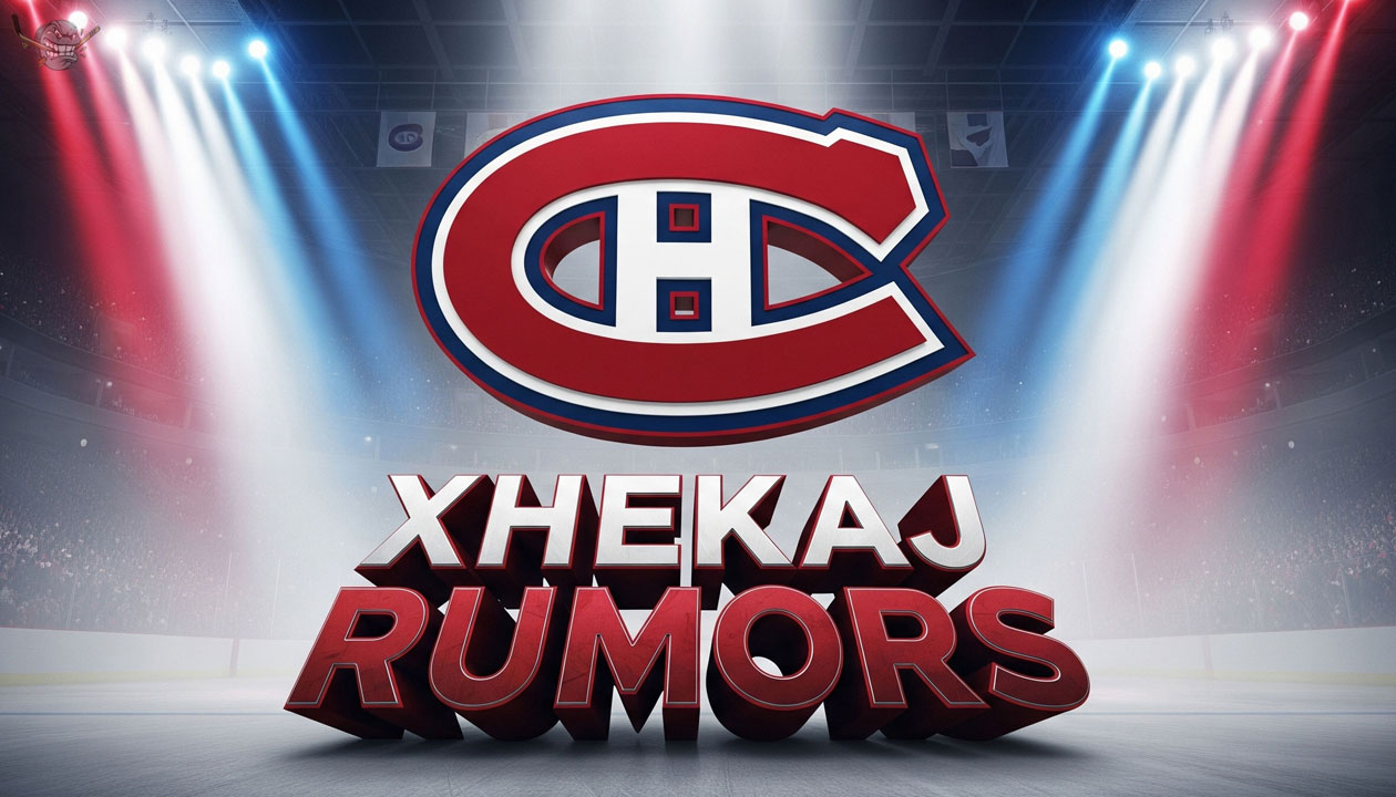 A stylized Montreal Canadiens logo with the words "Xhekaj Rumors" in 3D text below it, set against a dramatic hockey arena with spotlights.