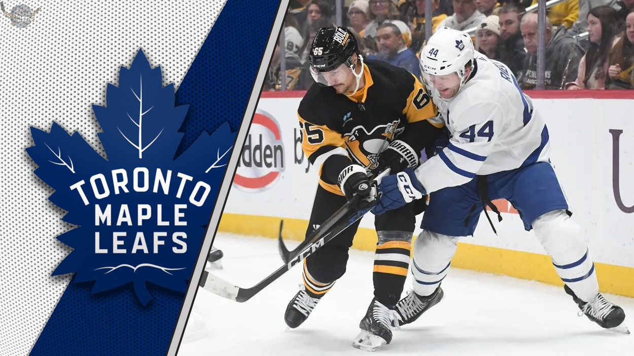 Morgan Rielly of the Toronto Maple Leafs and Erik Karlsson of the Pittsburgh Penguins, depicting the latest NHL trade rumors