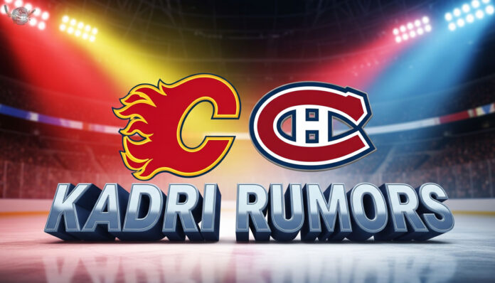 nazem-kadri-habs-flames-rumors-aug-6-2025 Image featuring the Calgary Flames and Montreal Canadiens logos side-by-side. Below the logos, the words "Kadri Rumors" are written in a large, 3D font.
