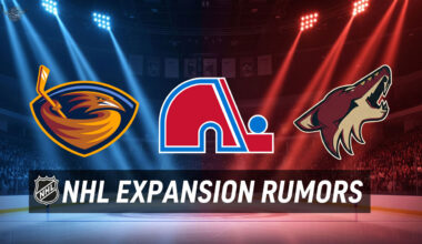 A dynamic banner showcasing three bold, vibrant logos: the Atlanta Thrashers, Quebec Nordiques, and Phoenix Coyotes.