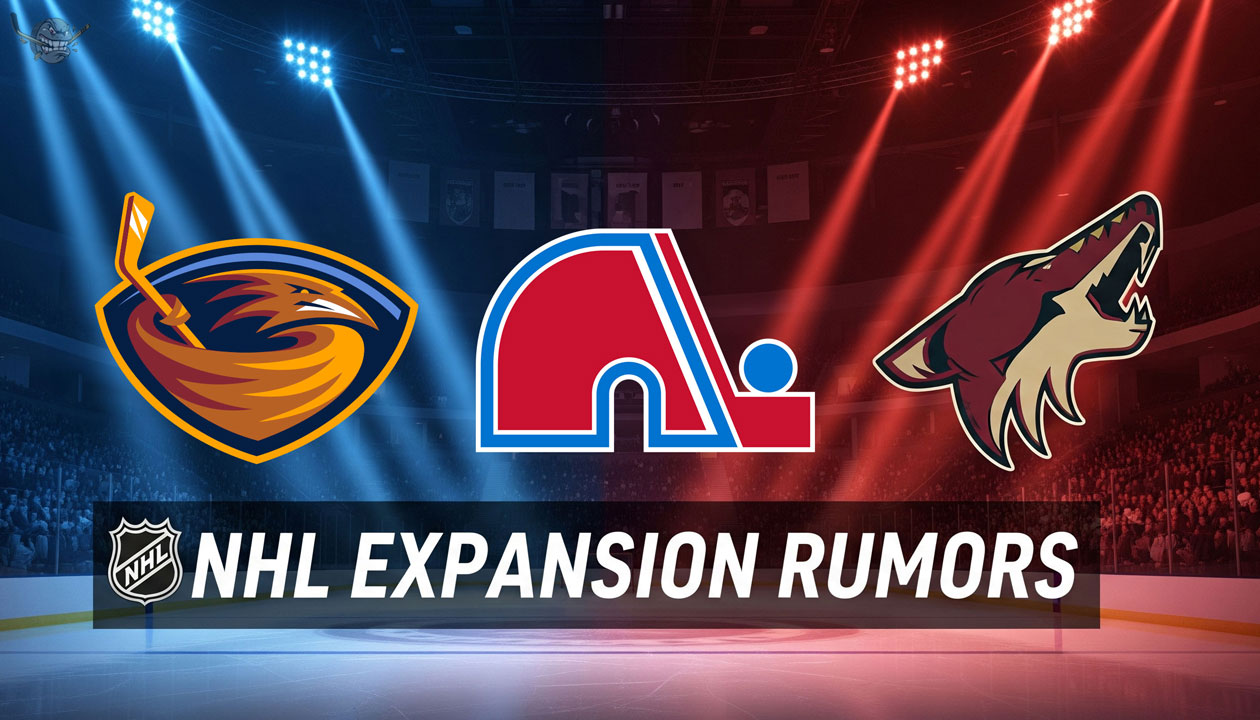 A dynamic banner showcasing three bold, vibrant logos: the Atlanta Thrashers, Quebec Nordiques, and Phoenix Coyotes.