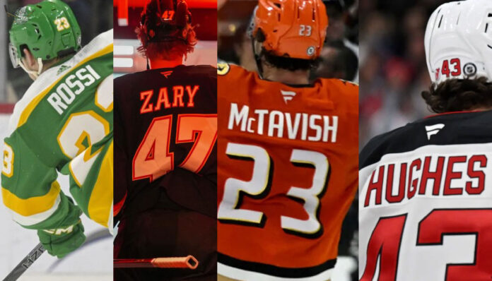 Image of NHL players Luke Hughes, Marco Rossi, Mason McTavish, and Connor Zary looking determined.