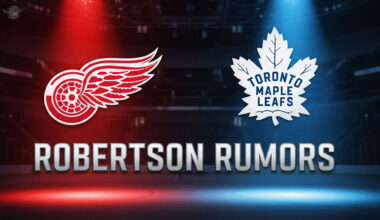 The Detroit Red Wings and Toronto Maple Leafs logos are featured side-by-side with the text "Robertson Rumors" in a large font below.
