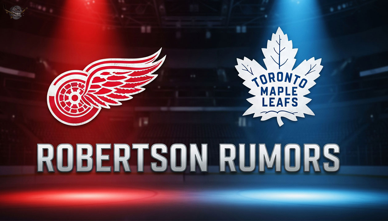 The Detroit Red Wings and Toronto Maple Leafs logos are featured side-by-side with the text "Robertson Rumors" in a large font below.