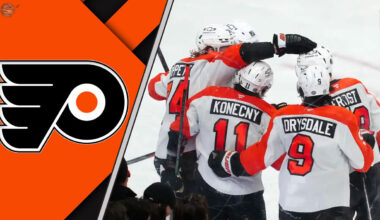 A close-up shot of the Philadelphia Flyers logo on a player's jersey during a game