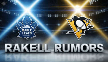Image showing the Toronto Maple Leafs and Pittsburgh Penguins logos side-by-side. Below the logos, the words "Rakell Rumors" are written in a large, 3D font.