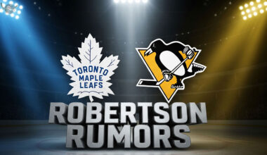 A graphic with the Toronto Maple Leafs logo on the left and the Pittsburgh Penguins logo on the right. Underneath the logos, the words "ROBERTSON RUMORS" are in large, 3D letters.