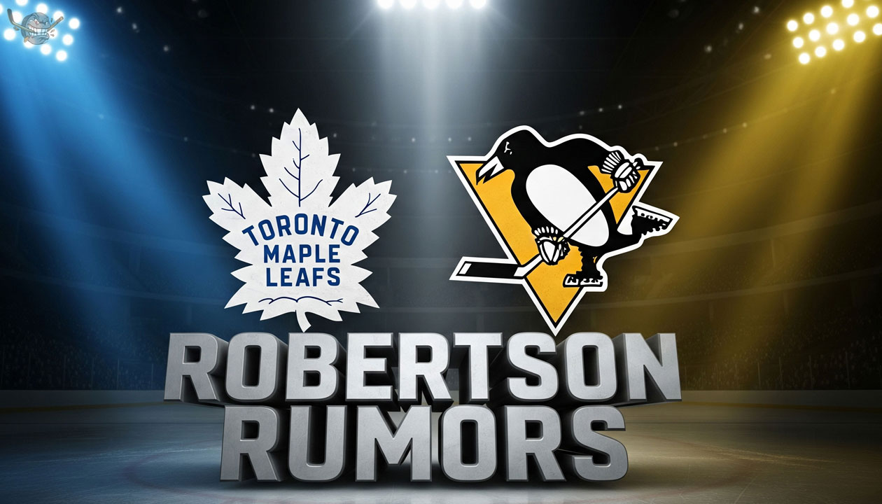 A graphic with the Toronto Maple Leafs logo on the left and the Pittsburgh Penguins logo on the right. Underneath the logos, the words "ROBERTSON RUMORS" are in large, 3D letters.