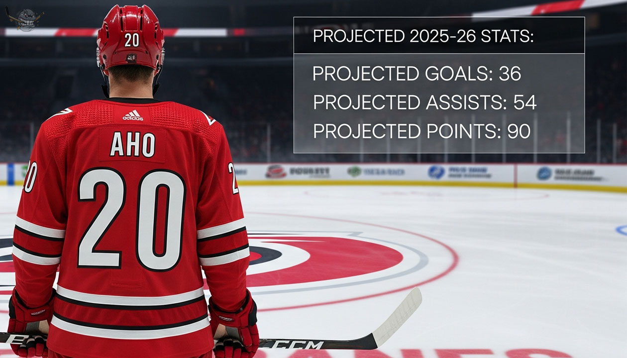 Sebastian Aho standing at center ice with a graphic overlay in the upper right corner displays his "PROJECTED 2025-26 STATS" as 36 goals, 54 assists, and 90 points.