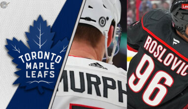 An image of Jack Roslovic and Connor Murphy with the Toronto Maple Leafs logo in the background, representing the latest NHL trade rumors