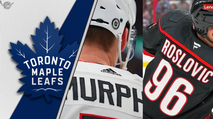 An image of Jack Roslovic and Connor Murphy with the Toronto Maple Leafs logo in the background, representing the latest NHL trade rumors