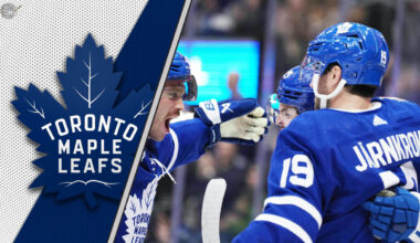 Toronto Maple Leafs Nick Robertson and Calle Jarnkrok celebrating a goal