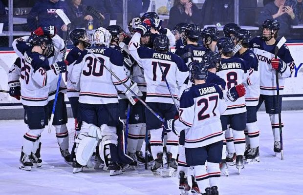 The UConn men's hockey team, after teir first-ever NCAA Tournament victory, had a lot to celebrate in 2025. Moe Butler "set the tone," coach Mike Cavanaugh said.(UConn Athletics)