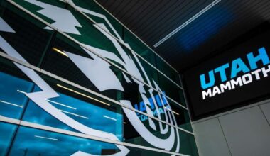 The Utah Mammoth logo outside the Delta Center in Salt Lake City on May 13. The team's owner and th...