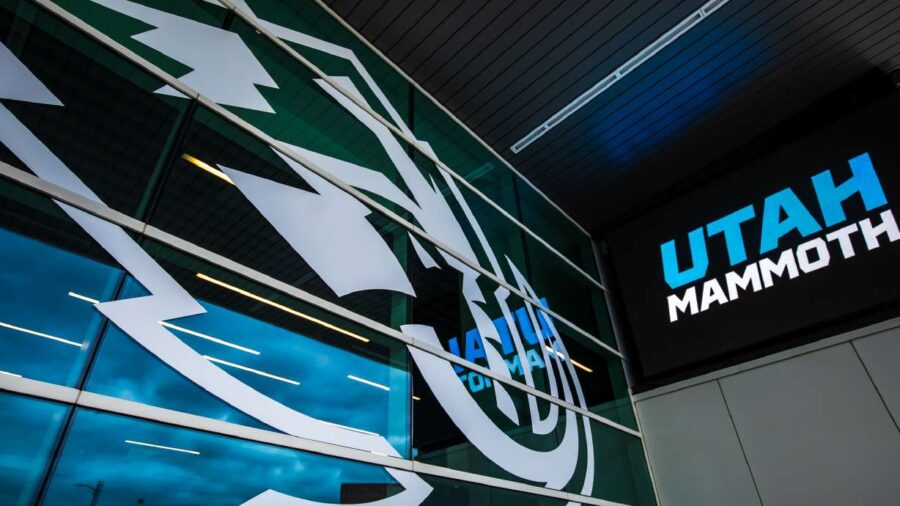 The Utah Mammoth logo outside the Delta Center in Salt Lake City on May 13. The team's owner and th...