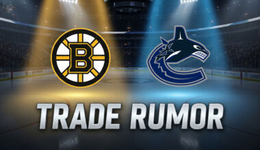 Image of the Boston Bruins and Vancouver Canucks logos with the words 'Trade Rumor' in a big font underneath them, set against a dramatic hockey arena background.